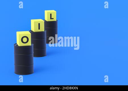 Würfel mit Wort Öl auf schwarzen Fässern auf blauem Hintergrund. Markt oder Speicherung von Energieressourcen. Branchenkonzept. Speicherplatz kopieren. 3D Rendern Stockfoto