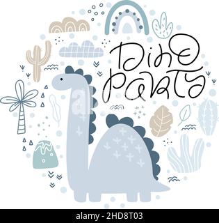 Runde Grußkarte mit niedlichen Dinosauriern Palmen und Kakteen und Schriftzug Text Dino Party. Kindisches Design für Geburtstagseinladung Poster Kleidung Stock Vektor