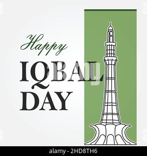 Happy Iqbal Day mit Minar e Pakistan mit grüner Box auf weißem Hintergrund Stock Vektor