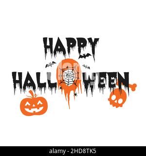 Happy Halloween Logo Design, Vector Text Banner auf weißem Hintergrund, Vektor-Illustration mit Netz und Spinne. Stock Vektor