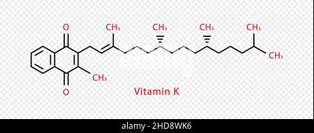 Chemische Formel von Vitamin K. Vitamin K strukturelle chemische Formel isoliert auf transparentem Hintergrund. Stock Vektor