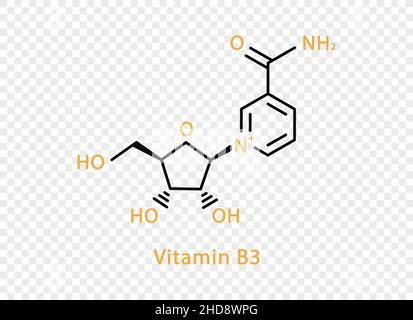 Vitamin B3 chemische Formel. Vitamin B3 strukturelle chemische Formel isoliert auf transparentem Hintergrund. Stock Vektor