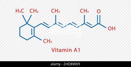 Vitamin A1 chemische Formel. Vitamin A1 strukturelle chemische Formel isoliert auf transparentem Hintergrund. Stock Vektor