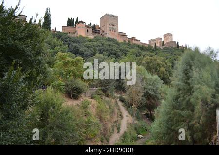 Alhambra vom Paseo de los Tristes aus gesehen Stockfoto