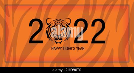 Frohes Chinesisches Neues Jahr 2022. Orangefarbener Hintergrund horizontale Grußkarte mit Tiger-Gesicht. Werbe- oder Verkaufsbanner Stock Vektor