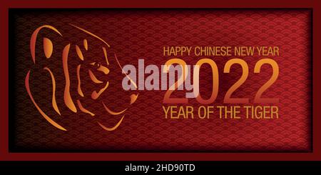 Chinesisches Neujahr 2022. Grußkarte, die das Jahr des Tigers darstellt. Horizontaler Hintergrund in Rot und Gold mit chinesischen Elementen Stock Vektor