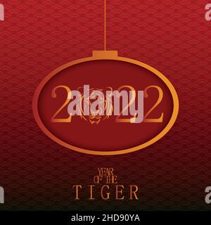 Chinesisches Neujahr 2022. Grußkarte, die das Jahr des Tigers darstellt. Horizontaler Hintergrund in Rot und Gold mit chinesischen Elementen Stock Vektor