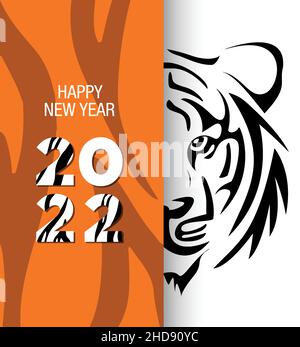 Frohes Chinesisches Neues Jahr 2022. Orange Hintergrund Grußkarte mit Tiger Gesicht. Werbe- oder Verkaufsbanner Stock Vektor