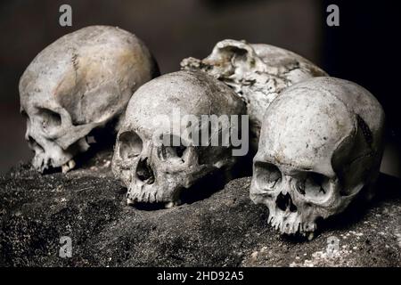 Schädel aus verfaulten Särgen (Erong) in der 700 Jahre alten Grabhöhle bei Lombock Parinding, Rantepao. Lombok Parinding, Toraja, Süd-Sulawesi, Indonesien. Stockfoto