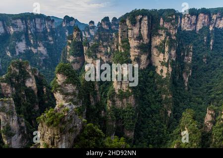 Felsformationen von Wulingyuan Scenic and Historic Interest Area im Zhangjiajie National Forest Park in der Provinz Hunan, China Stockfoto