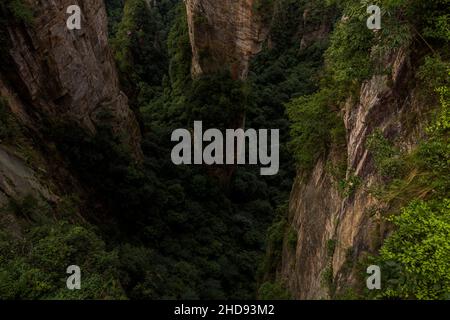 Blick auf die Sandsteinsäulen im Wulingyuan Scenic and Historic Interest Area im Zhangjiajie National Forest Park in der Provinz Hunan, China Stockfoto