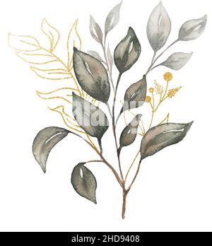 Grüne Blumenstrauß Clipart, Aquarell goldener Ast Illustration, grün graues Laub, Grüne Blätter, Blütenblatt, Blumensträuße, Hochzeitseinladungen, Logo-Design Stockfoto