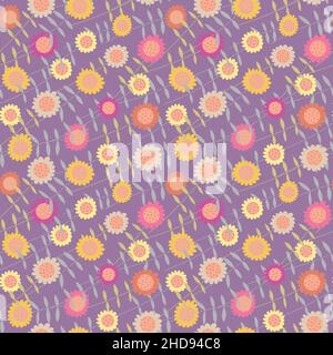 Blumenmuster mit rosa und gelben Blüten auf violettem Hintergrund. Nahtloser Ditsy-Druck. Stock Vektor