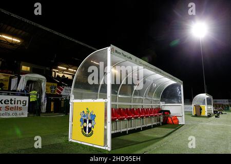 Sutton, Großbritannien. 04th Januar 2022. Ein allgemeiner Blick auf den Heimdugout während des Spiels der EFL Checkatrade Trophy zwischen Sutton United und Colchester United am 4. Januar 2022 in der Gander Green Lane, Sutton, England. Foto von Carlton Myrie. Nur zur redaktionellen Verwendung, Lizenz für kommerzielle Nutzung erforderlich. Keine Verwendung bei Wetten, Spielen oder Veröffentlichungen einzelner Clubs/Vereine/Spieler. Kredit: UK Sports Pics Ltd/Alamy Live Nachrichten Stockfoto