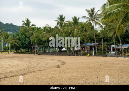 Airlie Beach, Queensland, Australien - Januar 2022: Wanderweg und Schutzhütten entlang des palmengesäumten Sandstrands der Touristenstadt Stockfoto