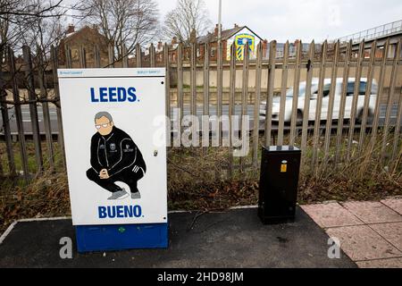 Eine Ansicht eines Marcelo Bielsa Wandbildes in der Nähe der Elland Road, Leeds am 3rd. Januar 2022. Kredit: Lewis Mitchell Stockfoto