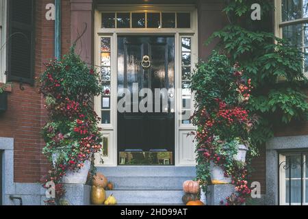 Blick auf einen Eingang zum Apartmentgebäude. Stoop mit Pflanzen, Blumen und Kürbissen für Thanksgiving Holiday Stockfoto