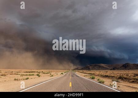 Staubsturm (Haboob) über einer Straße in der Wüste während der Monsunsaison in der Nähe von Kingman, Arizona, USA Stockfoto