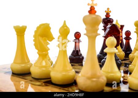 Naturbernsteinfarben verschiedene Schachfiguren stehen auf Perlentafel in Weiß. Nahaufnahme Spiel Konzept Wettbewerb, Classic Turnier der Konfrontation. Stockfoto