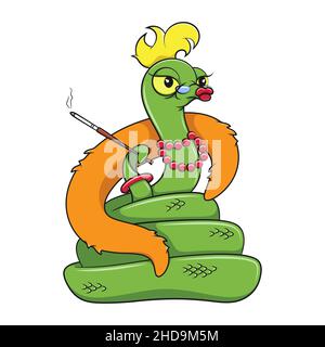 Illustration mit einer Zeichentrickschlange mit einer Zigarette im Mundstück und einem Pelzumhang. Farbiger Vektor isoliertes Objekt auf weißem Hintergrund. Stock Vektor