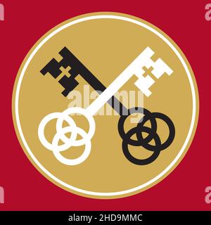 Abzeichen oder Logo mit gekreuzten Schlüsseln mit christlichen Symbolen. Vektordarstellung von Schlüsseln mit drei ineinanderschließenden Kreisen für trinity und christliches Kreuz. Stock Vektor