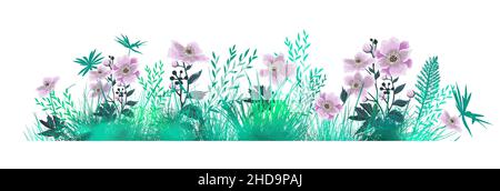Gras mit rosa Blüten. Grünes horizontales Gras. Vektorgrafik Stock Vektor