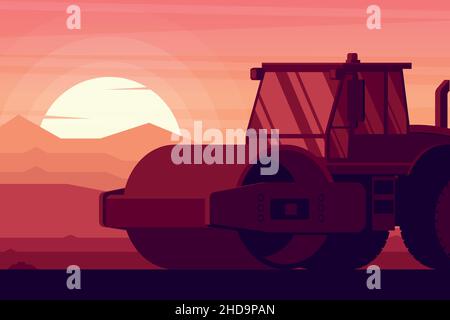 Bodenverdichter Walze in einem Sonnenuntergang mit schweren Bau-und Bergbau-Maschine Stock Vektor