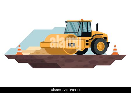 Bodenverdichter-Walze mit Sicherheitskegel bei Bau- und Bergbauarbeiten mit schweren Maschinen 3D Stock Vektor