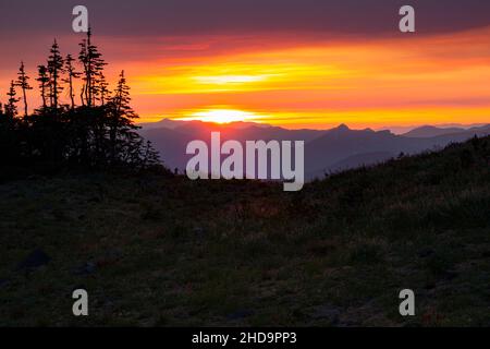 WA19986-00...WASHINGTON - Rollende Grate vom Mount Adam's High Camp aus betrachtet, während die Sonne durch Rauchwolken untergeht. Stockfoto