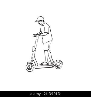 Line Art Mann mit Kappe Reiten ein E-Scooter Illustration Vektor Hand gezeichnet isoliert auf weißem Hintergrund Stock Vektor