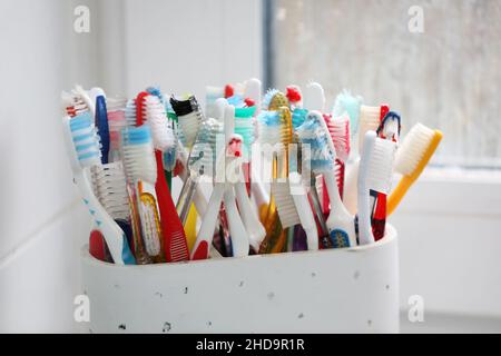 Eine Auswahl an bunten Zahnbürsten aus Kunststoff in einem Topf in einem Badezimmer in Chichester, West Sussex, Großbritannien. Stockfoto