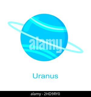 Uranus-Planetensymbol mit Namen isoliert auf weißem Hintergrund. Solarsystemelement. Kinder planetarisch. Vektorgrafik Cartoon-Illustration. Stock Vektor