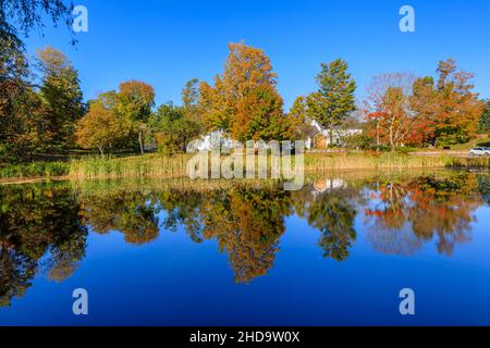 See mit Spiegelungen von Bäumen im Zentrum von Center Sandwich, einem Dorf in New Hampshire, New England, USA an einem sonnigen Tag Stockfoto