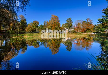 See mit Spiegelungen von Bäumen im Zentrum von Center Sandwich, einem Dorf in New Hampshire, New England, USA an einem sonnigen Tag Stockfoto