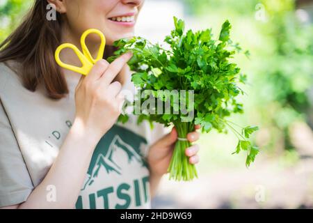 Frau, die die Petersilie im Garten hält. Stockfoto