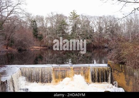 Getrocknete Baumblätter neben Flowing River und dem von Menschen gemachten Staudamm. Dieses Foto wurde in weißen Bergen aufgenommen. Stockfoto