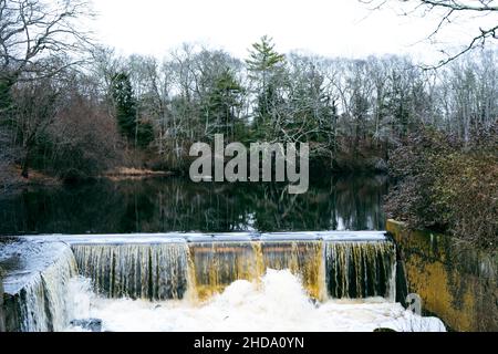 Getrocknete Baumblätter neben Flowing River und dem von Menschen gemachten Staudamm. Dieses Foto wurde in weißen Bergen aufgenommen. Stockfoto