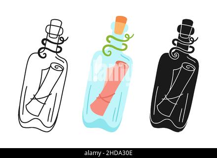Sea Message Cartoon handgezeichnet oder Stempel, Doodle Umriss Set. Icon Meeresbuchstabe in Glasflasche. Reisen Wasser Design Elemente Symbol scroll sos. Isolierte Vektordarstellung Stock Vektor