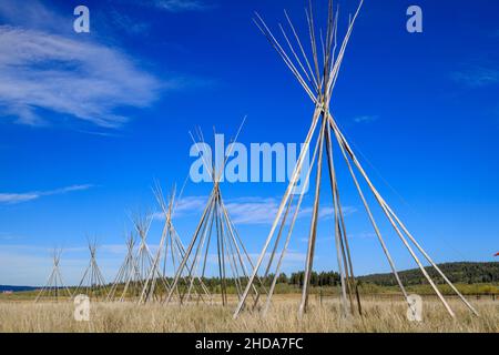 Ein Tipi, auch buchstabiert Tipi oder weniger häufig Tipi, und in älteren englischen Schriften oft als Lodge bezeichnet, ist ein konisches Zelt, das traditionell aus Anima besteht Stockfoto