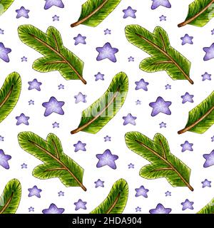 Aquarell-Malmuster aus Doodle-Tannenzweigen und Fliedersternen. Design-Elemente für Winterweihnachtszeit. Postkarten, Drucke, Cover, Muster, Dekor sind s Stockfoto