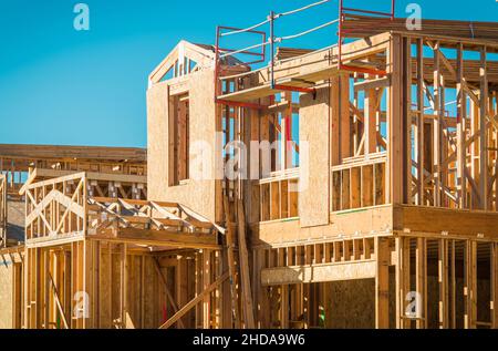 New American Homes Construction. Skelettrahmen Aus Holz. Holzframing. Hausentwicklung. Stockfoto