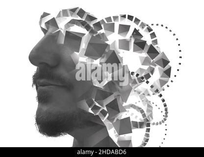 Ein Porträt eines Mannes kombiniert mit verschiedenen 3D Figuren. Stockfoto