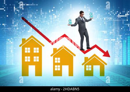 Abbildung der Immobilienmarktblase mit Häusern und dem Diagramm Stockfoto