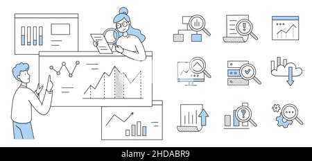 Mitarbeiter recherchieren Analysen auf Dashboards mit Diagrammen und Diagrammen. Vector Doodle Symbole der statistischen Analyse, arbeiten mit Datenbank und Informationsbericht mit Diagrammen und Lupe Stock Vektor
