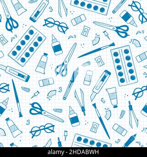 Doodle Schulsachen und Papeterie nahtlose Muster. Vektorhintergrund mit Radiergummi, Farben, Schere, Bleistiftspitzer und Pinsel, Kleber, Papiermesser, Brille, Kompass und Pin auf karierter Seite Stock Vektor