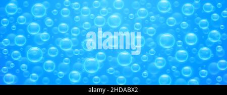Luftblasen mit nahtlosem Muster auf der blauen Wasseroberfläche. Abstrakter Hintergrund mit transparenter Seife oder Shampoo-Ballons, Unterwasser-Fizzing, Textur oder Tapete-Design, realistische 3D Vektor-Illustration Stock Vektor
