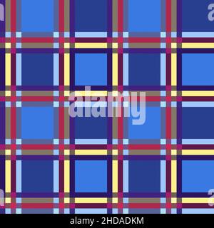 Rechteckiges nahtloses Vektor-Muster als Tartan Karo hauptsächlich in Blau, Violett, Rot und Gelb Farben mit diagonalen Linien, Textur für Flanell Shirt, Plai Stock Vektor