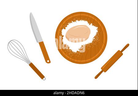 Teig und Nudelholz. Küchenausstattung. Zubereitung hausgemachte Pizza oder Pasta. Draufsicht. Bleiben Sie zu Hause und kochen gesunde Lebensmittel nach Rezept. Vektorgrafik Stock Vektor