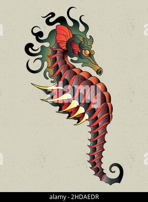 seahorse Tattoo ne traditionell Stock Vektor