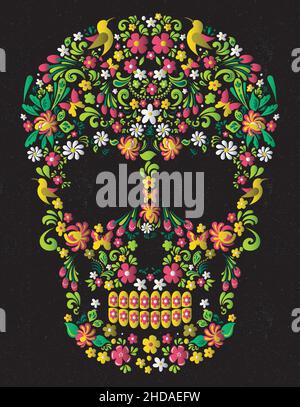 Schädel grüne Blumen mexikanisch Stock Vektor